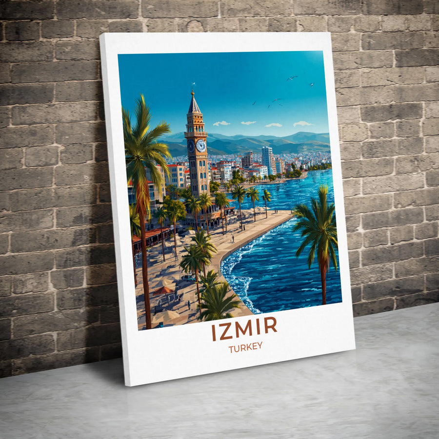 Izmir Travel Poster | Vintage Style Clock Tower Seaside Art | Premium 1.25-Inch Gallery Canvas | Turkish Cityscape Gift for Travelers