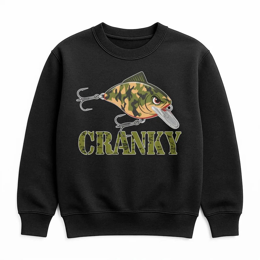 Cranky Fishing Sweatshirt | Bass Camo Crankbait Graphic | Premium Cotton Blend | Funny Fisherman Gift For Anglers