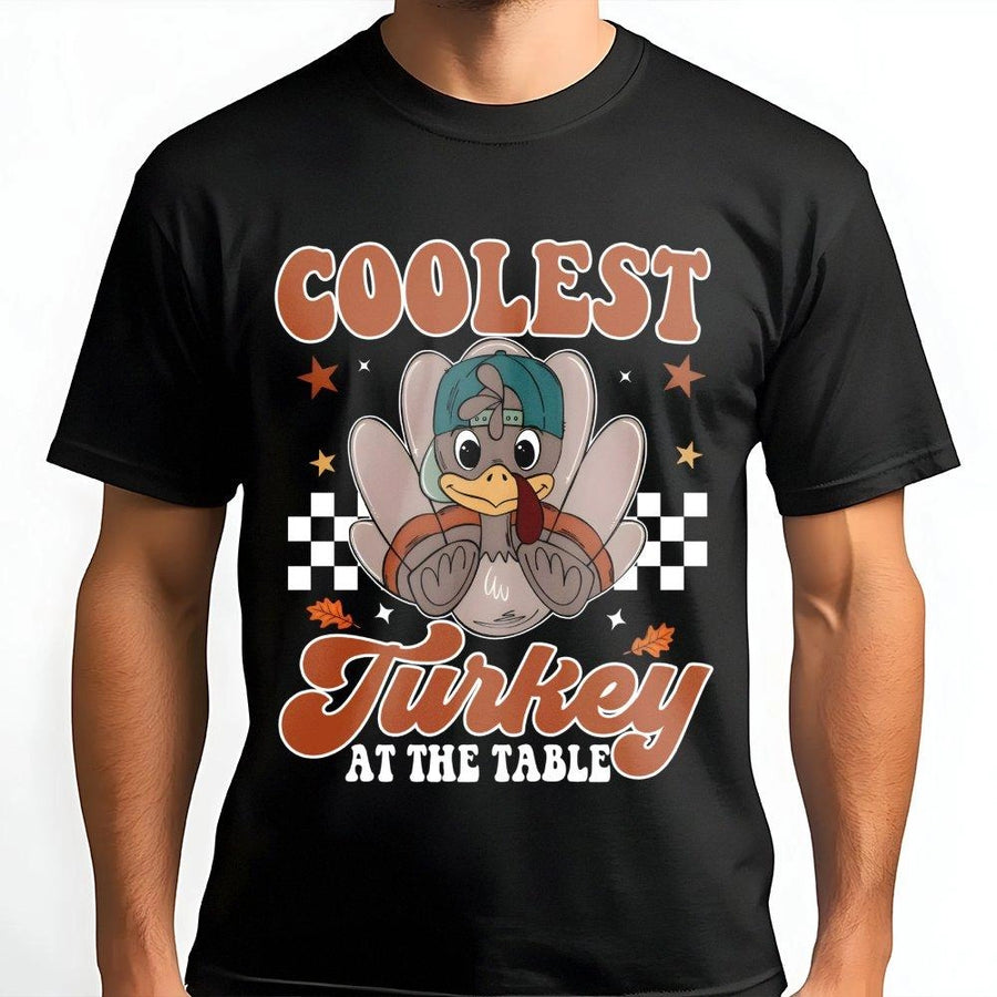Coolest Turkey At The Table T-Shirt | Funny Retro Thanksgiving Graphic | Premium 100% Cotton Tee | Holiday Apparel Gift For Boys And Girls