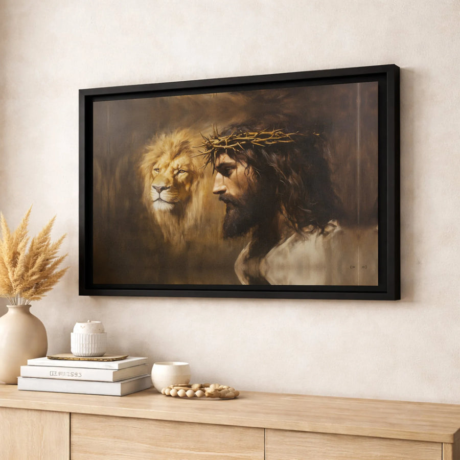 Jesus and Lion of Judah Canvas Wall Art | Crown of Thorns Religious Portrait | Premium Fade-Resistant Print | Spiritual Home Decor Gift