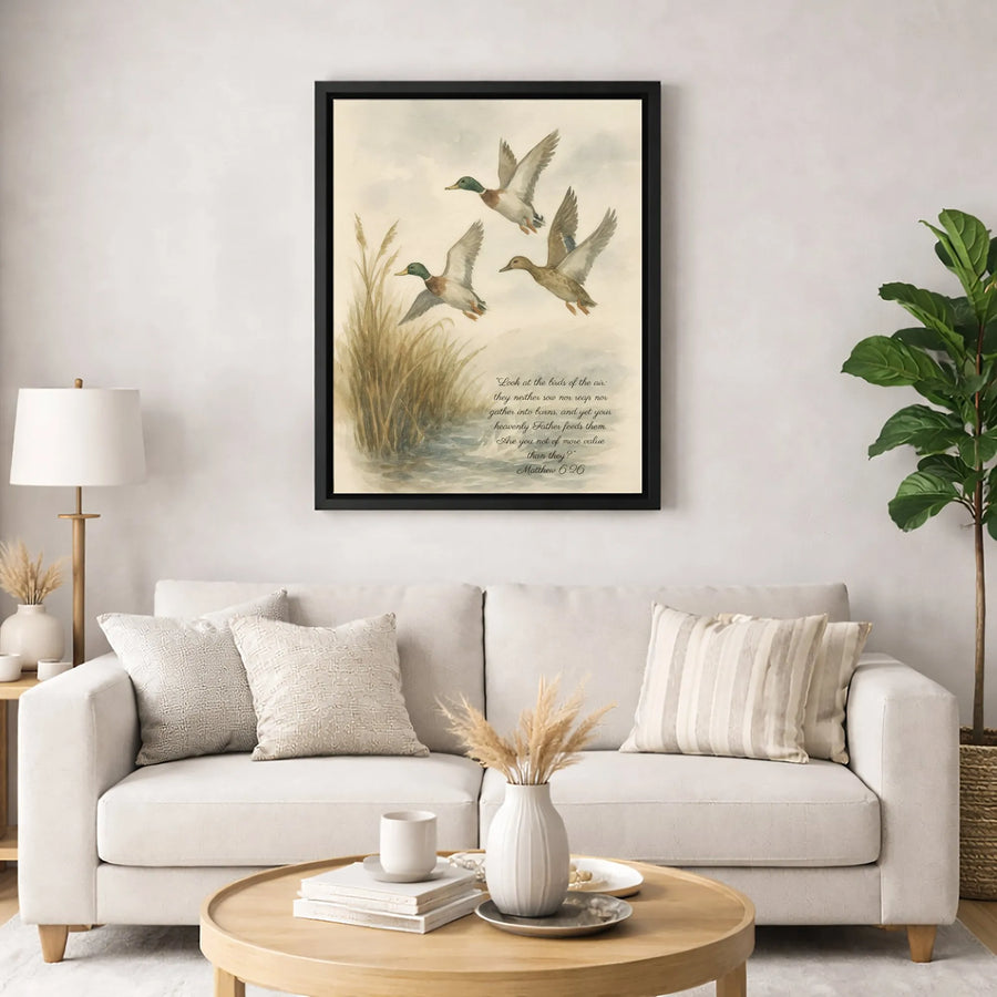 Matthew 6:26 Scripture Wall Art | Flying Ducks Watercolor Print | Premium Gallery Wrap Canvas | Christian Home Decor Gift for Believers