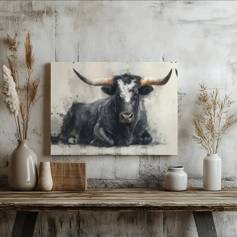 Texas Longhorn Bull Wall Art | Black And White Watercolor Animal Print | Premium 1.25" Gallery Canvas | Farmhouse Western Home Decor Gift