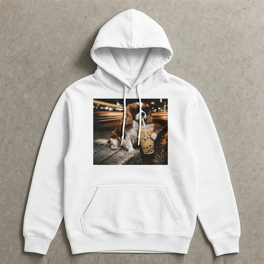 Cavalier King Charles Spaniel Hoodie | Funny Dog Drinking Boba Tea Graphic | Soft Cotton Blend | Unique Gift for Dog Lovers