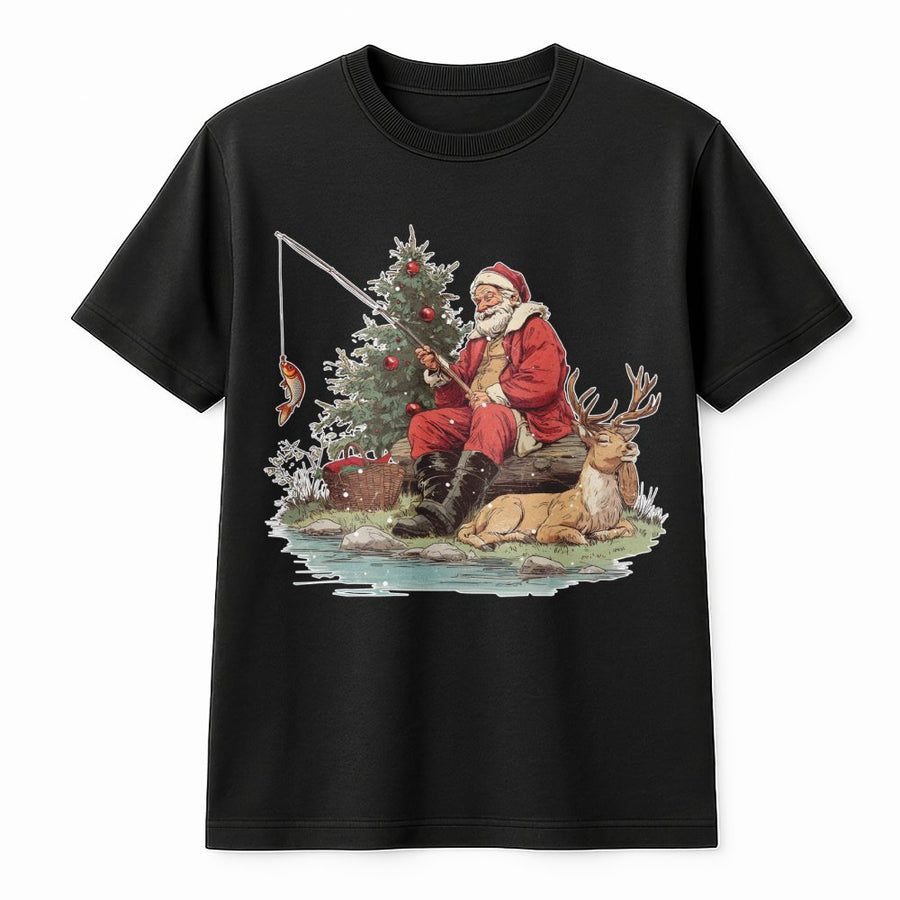Fishing Santa Christmas T-Shirt | Vintage Outdoorsy Holiday Graphic | Premium Soft Cotton Tee | Funny Fisherman Gift for Him and Her
