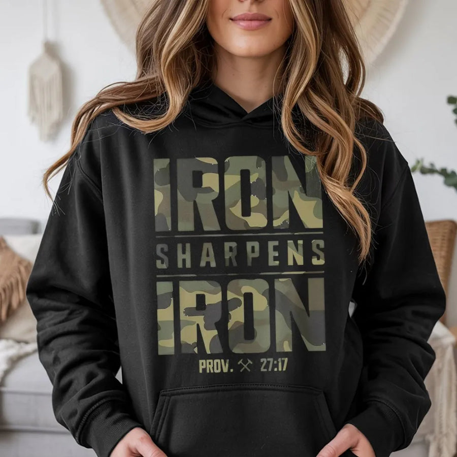 Iron Sharpens Iron Hoodie | Proverbs 27:17 Bible Verse Camo Graphic | Premium Cotton Blend | Faith-Based Christian Gift for Men