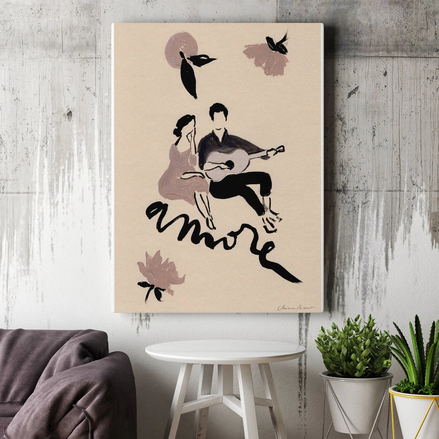 Amore Vertical Canvas Wall Art | Romantic Couple with Guitar Illustration | Premium Gallery Wrap Canvas | Modern Italian Anniversary Gift for Her