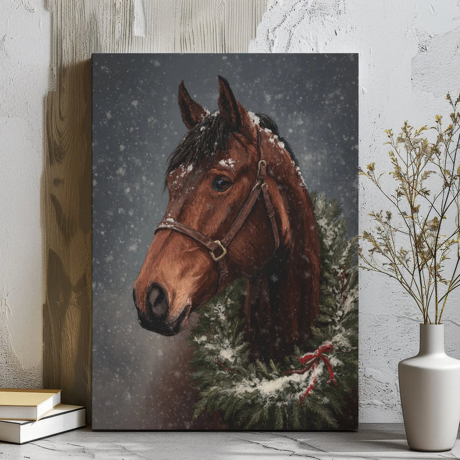 Christmas Horse Canvas Wall Art | Snowy Equestrian Winter Wreath Portrait | Premium Gallery Wrapped Decor | Holiday Gift for Horse Lovers