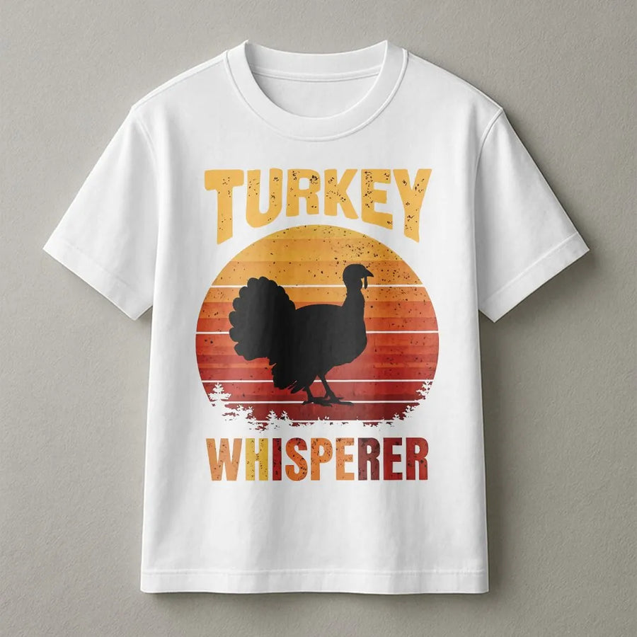 Turkey Whisperer T-Shirt | Retro Sunset Turkey Hunter Design | Premium Cotton Blend | Funny Hunting Season Gift for Dad, Outdoor Apparel