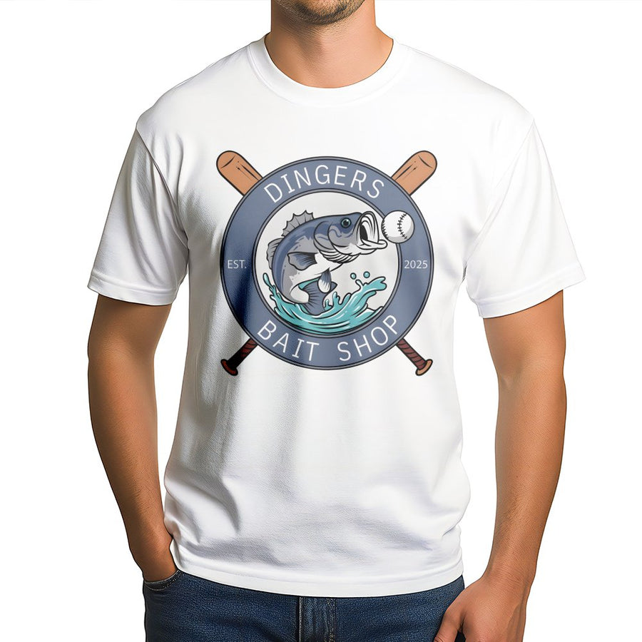 Dingers Bait Shop T-Shirt | Funny Bass Fishing Baseball Graphic | Premium Cotton Unisex Tee | Unique Fisherman Gift for Dad or Baseball Player