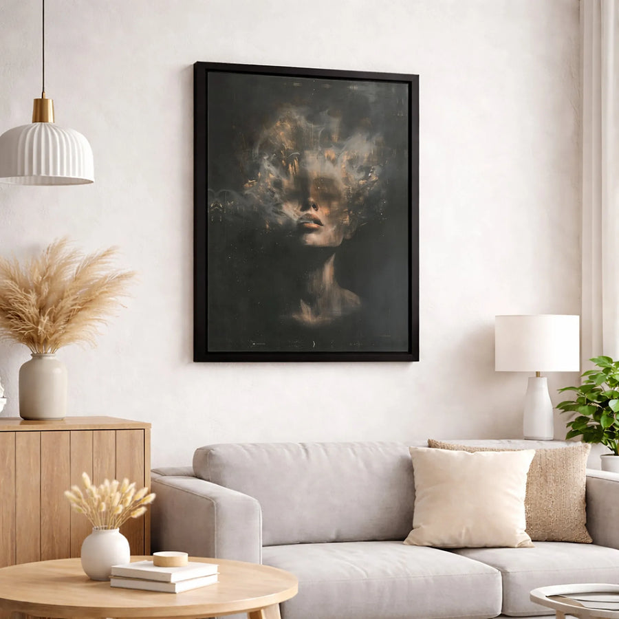 Abstract Surreal Portrait Canvas | Smoke And Gold Woman Face Art | Premium Gallery Wrapped Print | Modern Minimalist Home Decor Gift