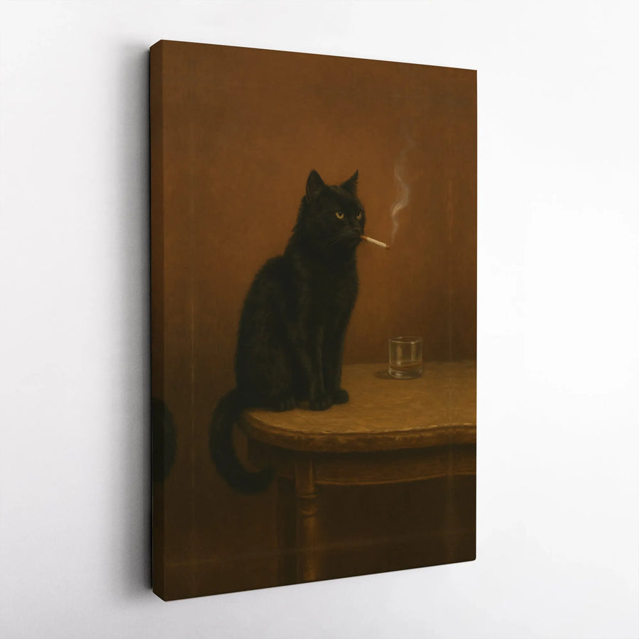 Black Cat Smoking Cigarette Canvas Wall Art | Moody Whiskey Bar Decor | Gallery Quality 1.25" Profile | Unique Gift for Cat Lovers