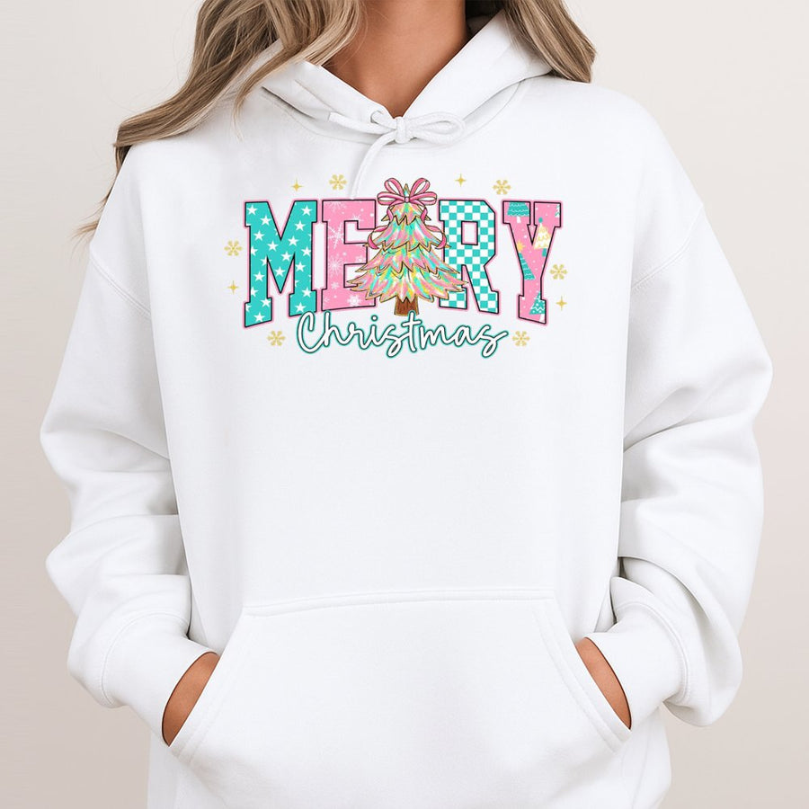 Merry Christmas Hoodie | Pastel Aesthetic Checkered Tree Graphic | Soft Cotton-Blend Pullover | Festive Holiday Gift for Women and Teens