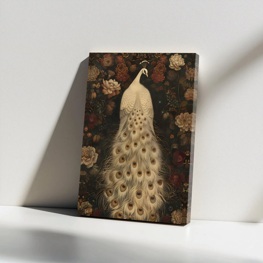White Peacock Wall Art Canvas | Moody Botanical Dark Floral Print | Gallery Wrap 1.25 Inch Premium Decor | Elegant Bird Home Office Gift