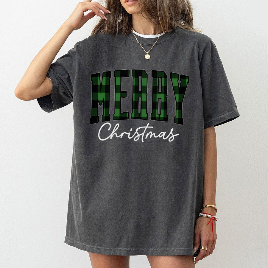 Merry Christmas T-Shirt | Green Buffalo Plaid Varsity Lettering | 100% Cotton Premium Tee | Unisex Holiday Family Matching Gift Idea
