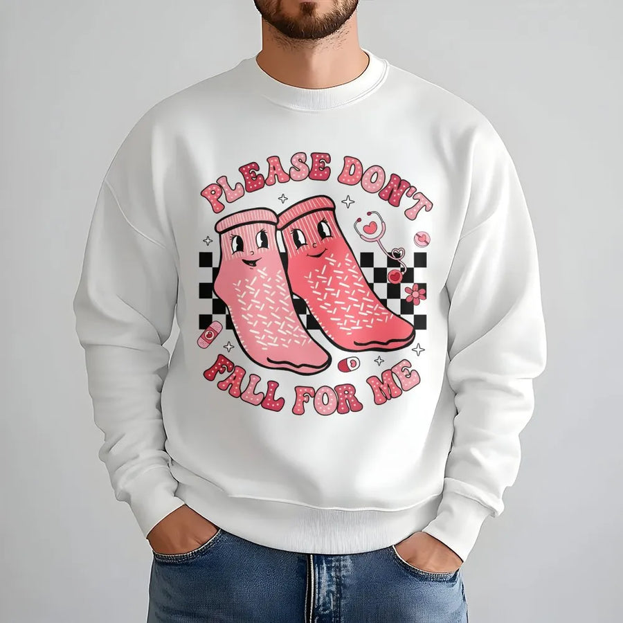 Nurse Valentine Sweatshirt | Please Don't Fall For Me Funny Graphic | Premium Cotton Blend Crewneck | Cute Medical Student Gift for Her