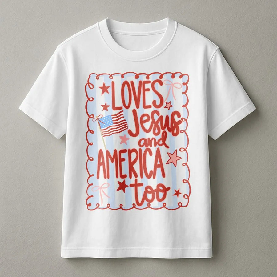 Loves Jesus And America Too T-Shirt | Patriotic Coquette Bow Graphic | Premium Soft Cotton | Christian Fourth Of July Gift For Her