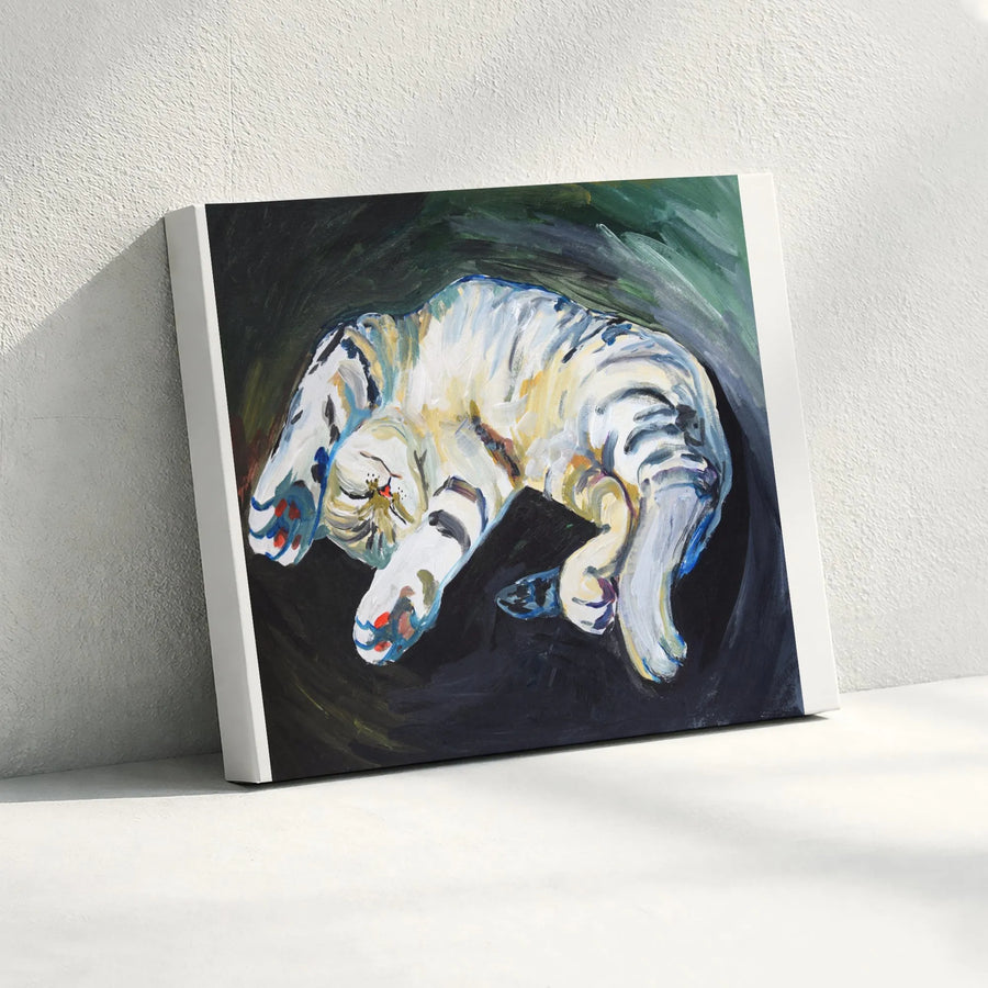 Sleeping White Tiger Canvas Wall Art | Painterly Animal Print Decor | Premium Gallery Wrapped Canvas | Gift for Nursery or Living Room