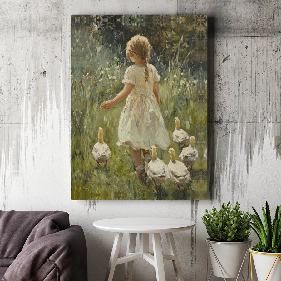 Vintage Farmhouse Canvas Print | Girl with Geese Pastoral Painting | Premium Stretched Canvas | Cottagecore Home Decor Gift