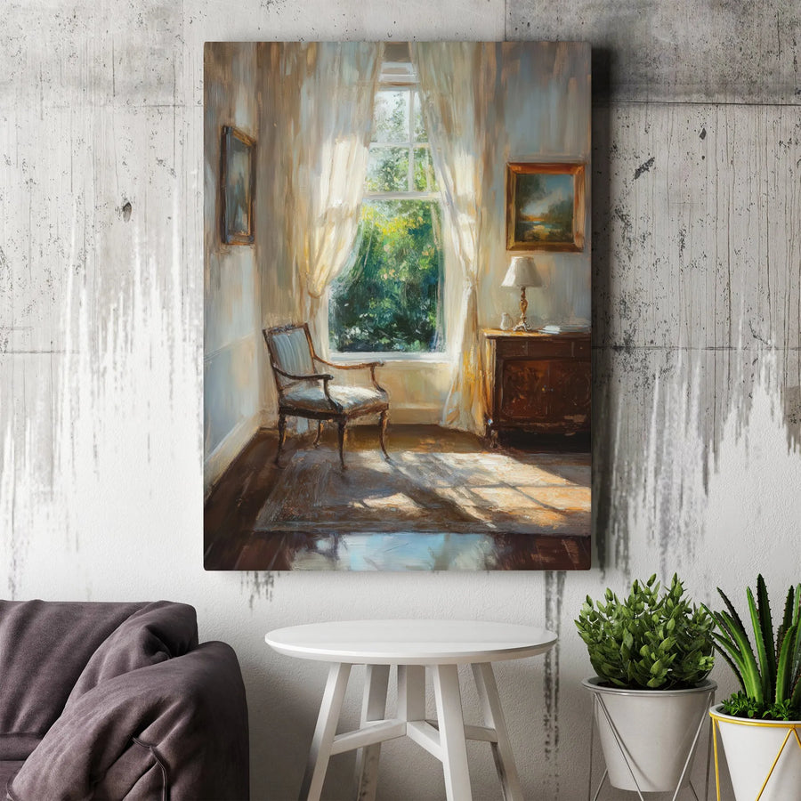 Sunlit Interior Canvas Wall Art | Impressionist Antique Chair Painting | Gallery Wrapped Premium Decor | Elegant Home and Office Living Room Gift