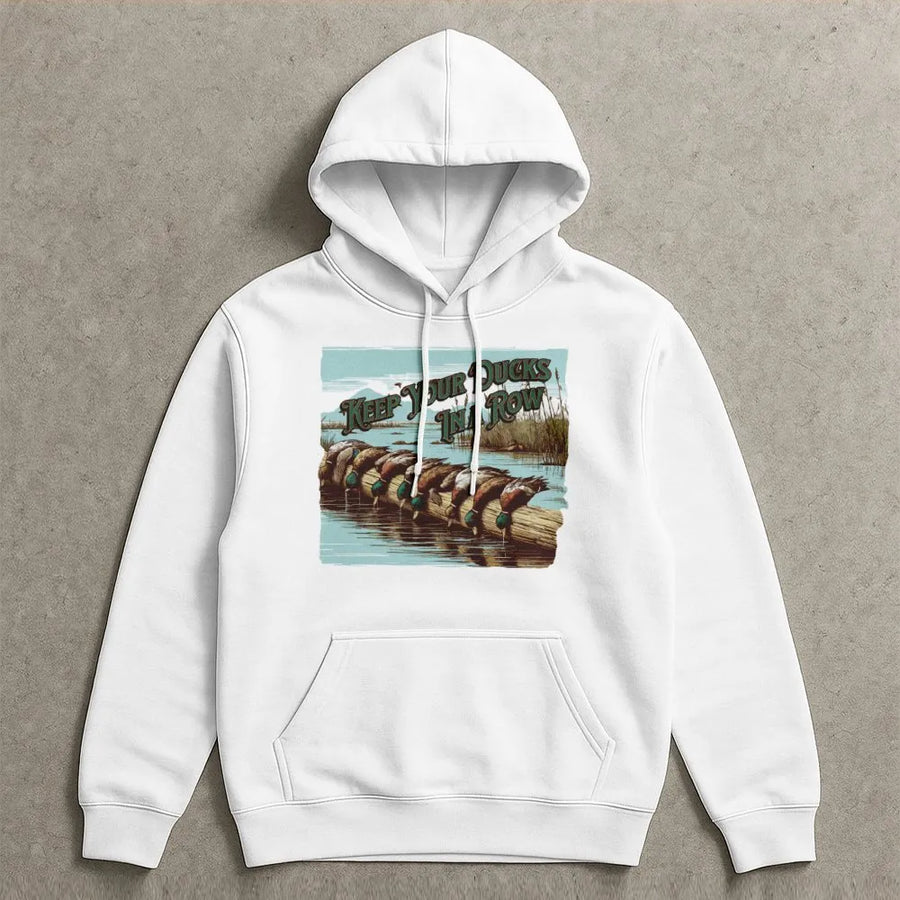 Duck Hunting Hoodie | Keep Your Ducks In A Row Wildlife Graphic | Premium Cotton Blend | Nature Lover Gift for Outdoorsmen