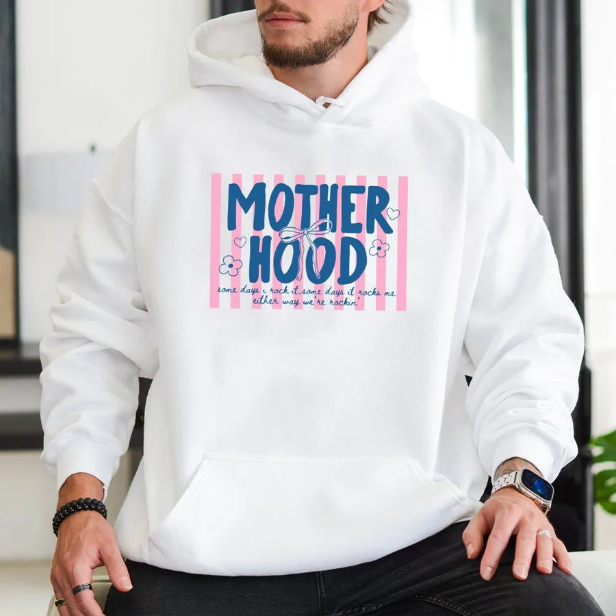 Motherhood Hoodie for Women | Retro Striped Graphic Print | Premium Soft Cotton Blend | Trendy Mama Gift, Cool Mom Club Apparel