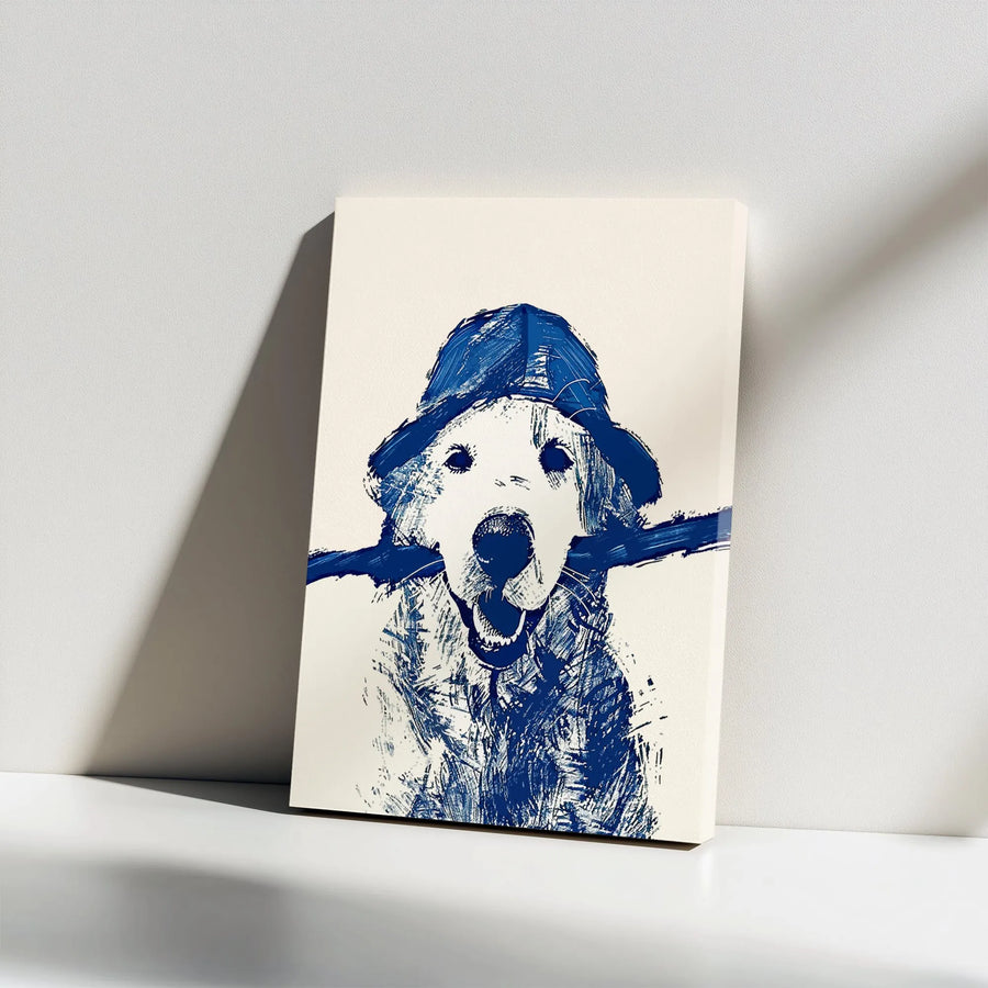 Golden Retriever Canvas Wall Art | Abstract Blue Dog In Rain Hat Print | Premium Gallery Wrap Decor | Dog Lover Gift For Home Office