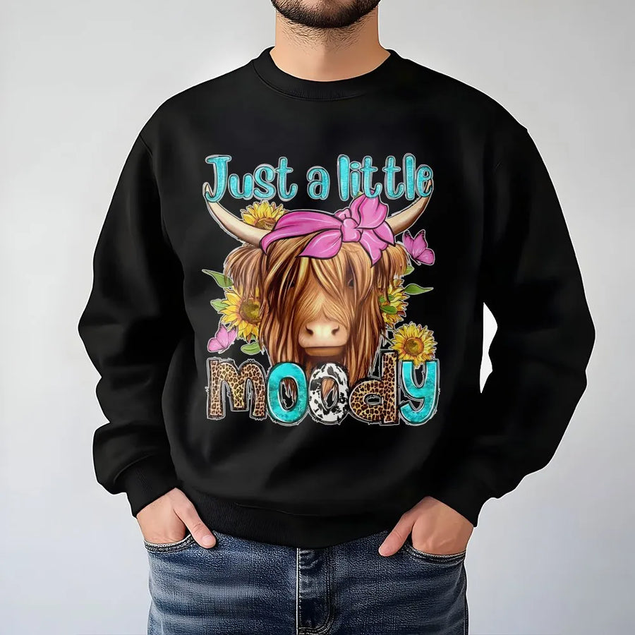 Just A Little Moody Highland Cow Sweatshirt | Boho Farmhouse Sunflower Graphic | Premium Cotton Blend Crewneck | Cute Animal Lover Gift For Her