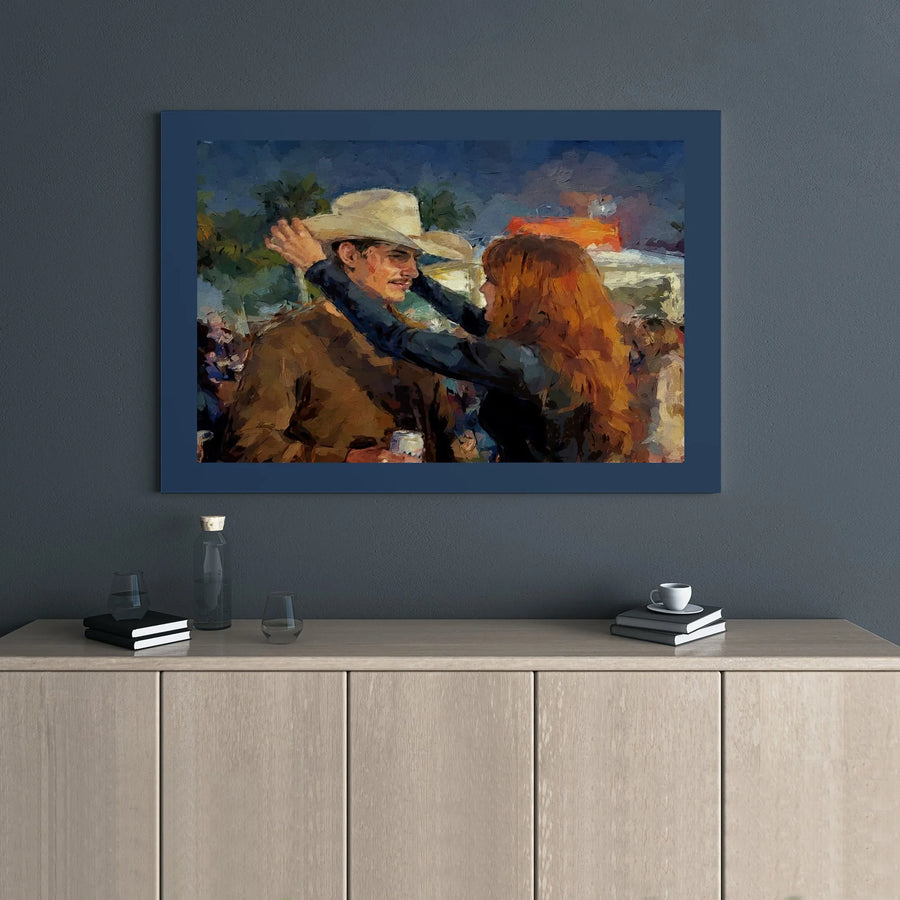 Cowboy And Woman Embracing Canvas Print | Romantic Western Oil Painting Art | Premium 1.25" Gallery Wrap | Gift For Couples And Country Home Decor