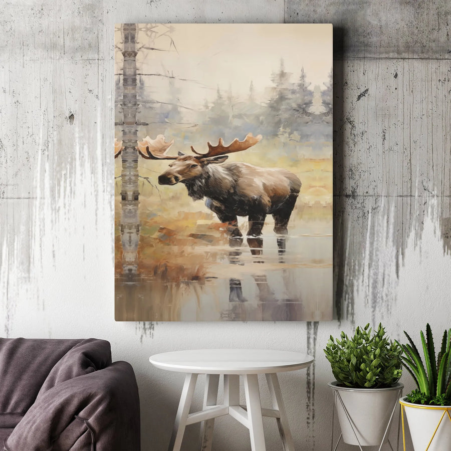 Bull Moose Canvas Wall Art | Painterly Misty Forest Landscape | 1.25 Inch Gallery Wrap | Rustic Nature Wildlife Home Decor Gift