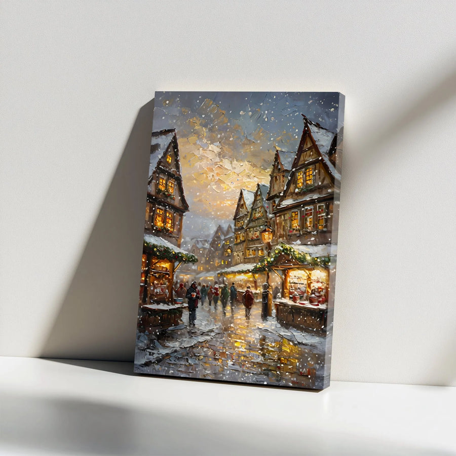 Christmas Market Vertical Canvas | Snowy Village Impressionist Wall Art | Premium 1.25" Thick Gallery Wrap | Holiday Home Decor Gift