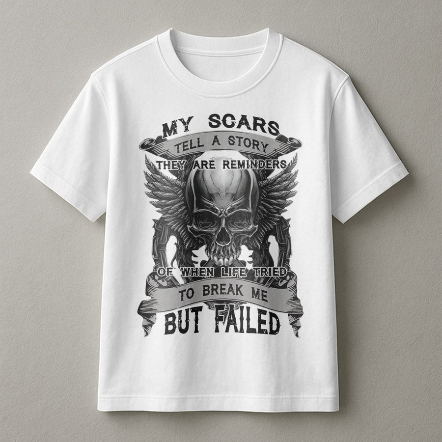 My Scars Tell A Story T-Shirt | Winged Skull Graphic Tee | Premium 100% Cotton | Inspirational Survivor Gift for Men