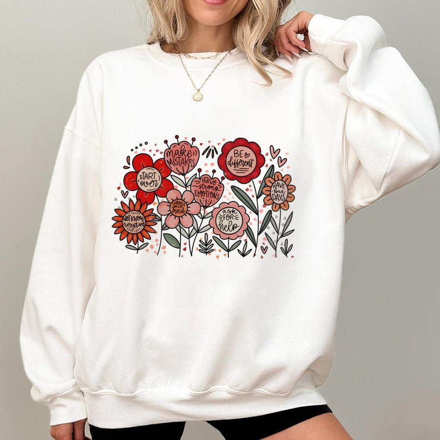It Is Okay To Mental Health Sweatshirt | Boho Floral Affirmation Graphic | Premium Cotton Blend | Inspirational Self Care Gift For Women