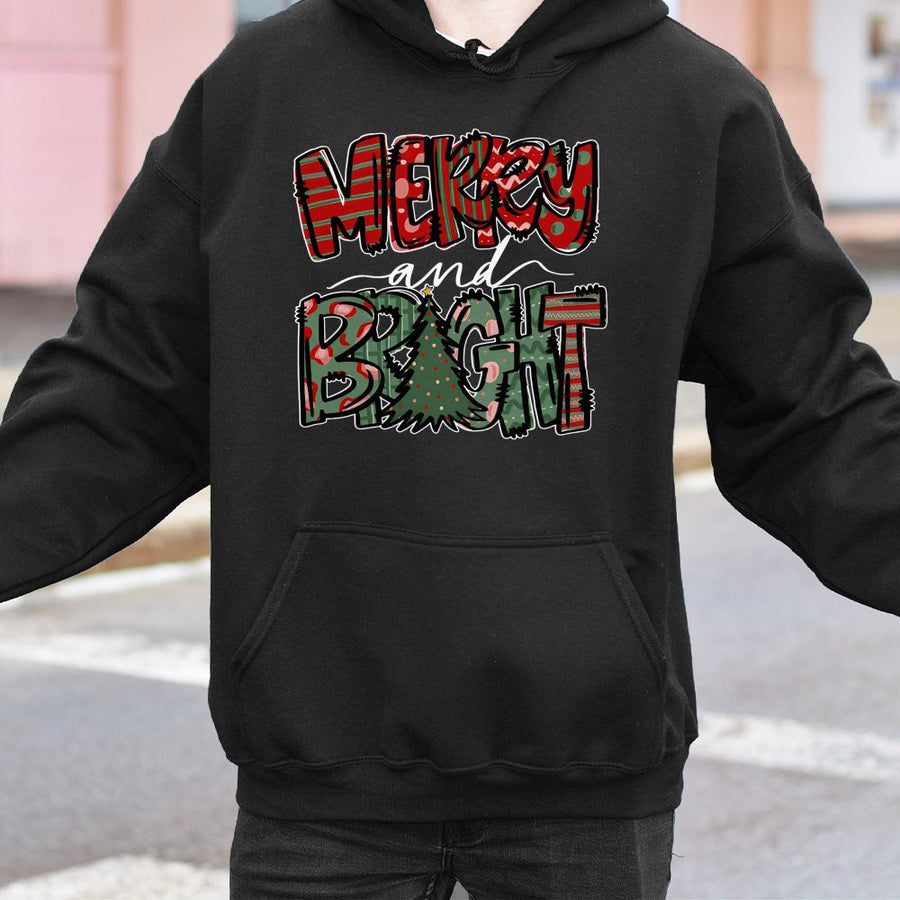 Merry and Bright Christmas Hoodie | Festive Plaid Tree Graphic | Premium Cotton Blend | Cozy Holiday Gift for Women and Men