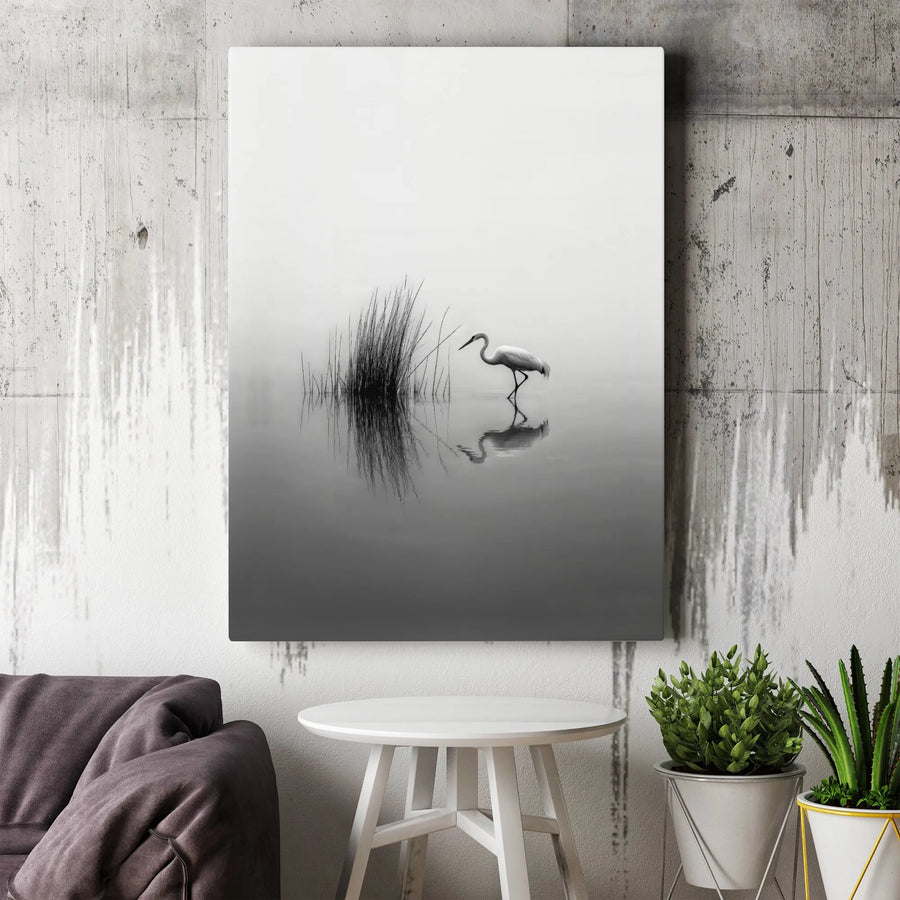 Egret Wall Art Print | Minimalist Heron Nature Photography | Premium Gallery Wrapped Canvas | Serene Home Office Decor Gift