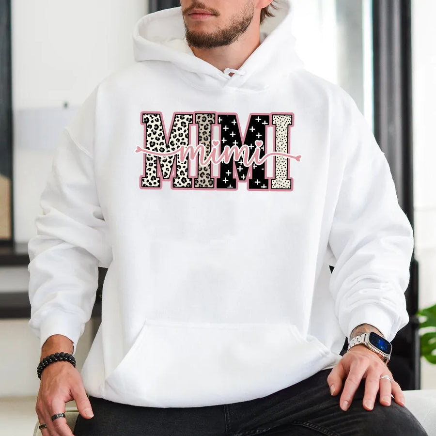 Mimi Leopard Hoodie | Preppy Block Letter Sweatshirt for Grandma | Soft Cotton-Poly Blend | Mothers Day Gift for Mama Gigi Nana
