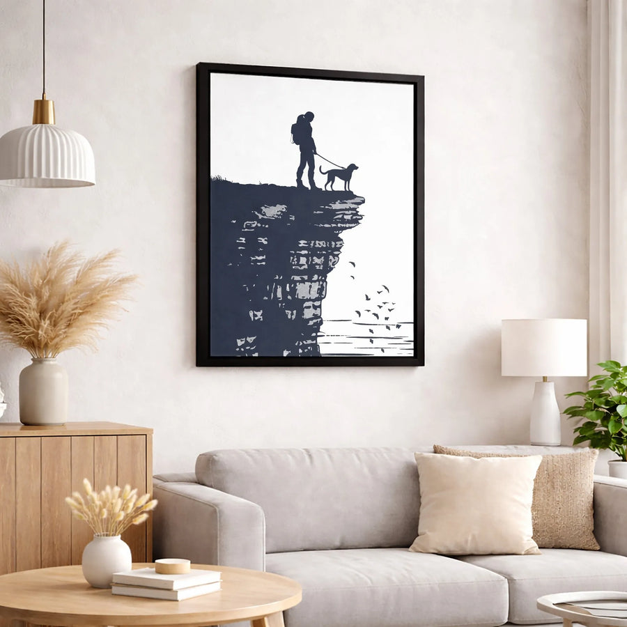 Hiker With Dog Canvas Wall Art | Mountain Cliff Silhouette Print | Premium Gallery-Wrapped Decor | Hiking Enthusiast Gift