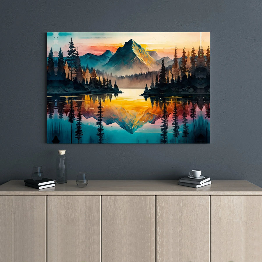 Watercolor Mountain Lake Canvas | Sunset Forest Reflection Wall Art | 1.25” Gallery Wrap | Premium Nature Landscape Home Decor Gift