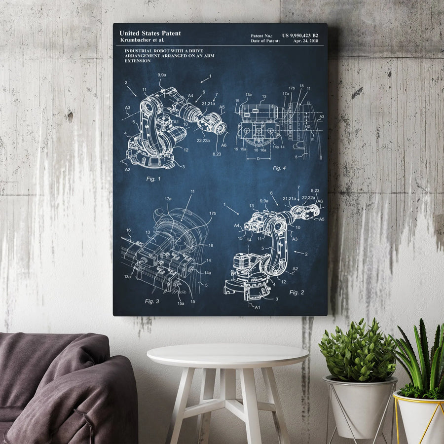 Industrial Robot Patent Vertical Canvas | Vintage Blueprint Style Wall Art | Premium Frameless Canvas Print | Collector's Gift for Engineer Office Decor