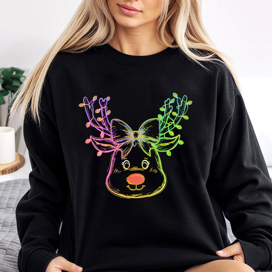 Neon Reindeer Christmas Sweatshirt | Coquette Bow Holiday Graphic | Soft Cotton Blend Crewneck | Cute Festive Winter Gift for Women