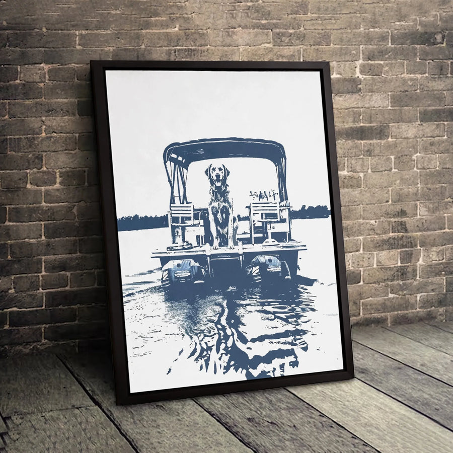 Dog On Pontoon Boat Canvas | Nautical Lake Life Wall Art | Premium Gallery Wrapped Print | Gift For Boat Owners And Dog Lovers