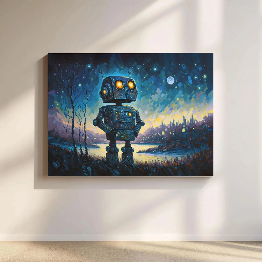 Retro Robot Wall Art | Impressionist Night Cityscape Canvas | Premium 1.25" Gallery Wrap | Unique Sci-Fi Home Office Decor Gift
