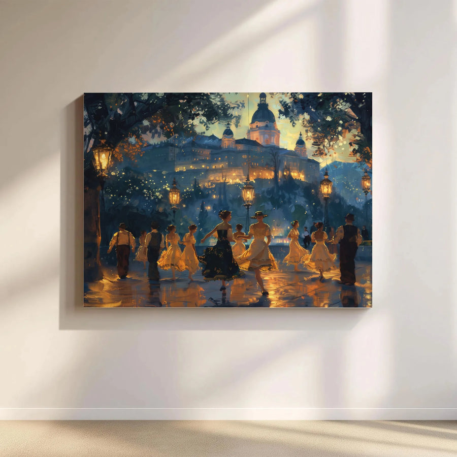 Romantic Cityscape Canvas Wall Art | Impressionist Painting of Couples Dancing | Premium Fade-Resistant Print | Elegant Living Room Home Decor Gift
