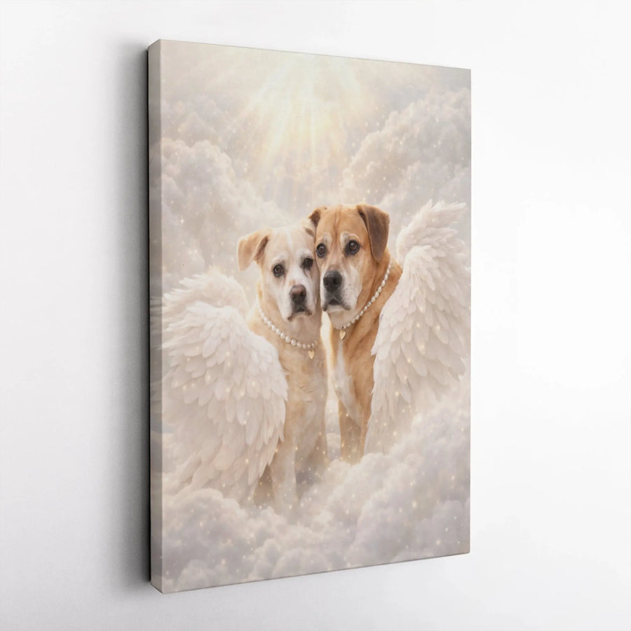 Dog Memorial Canvas Print | Two Dogs with Angel Wings in Heaven | Premium Gallery Wrapped Art | Pet Loss Sympathy Gift for Dog Owner