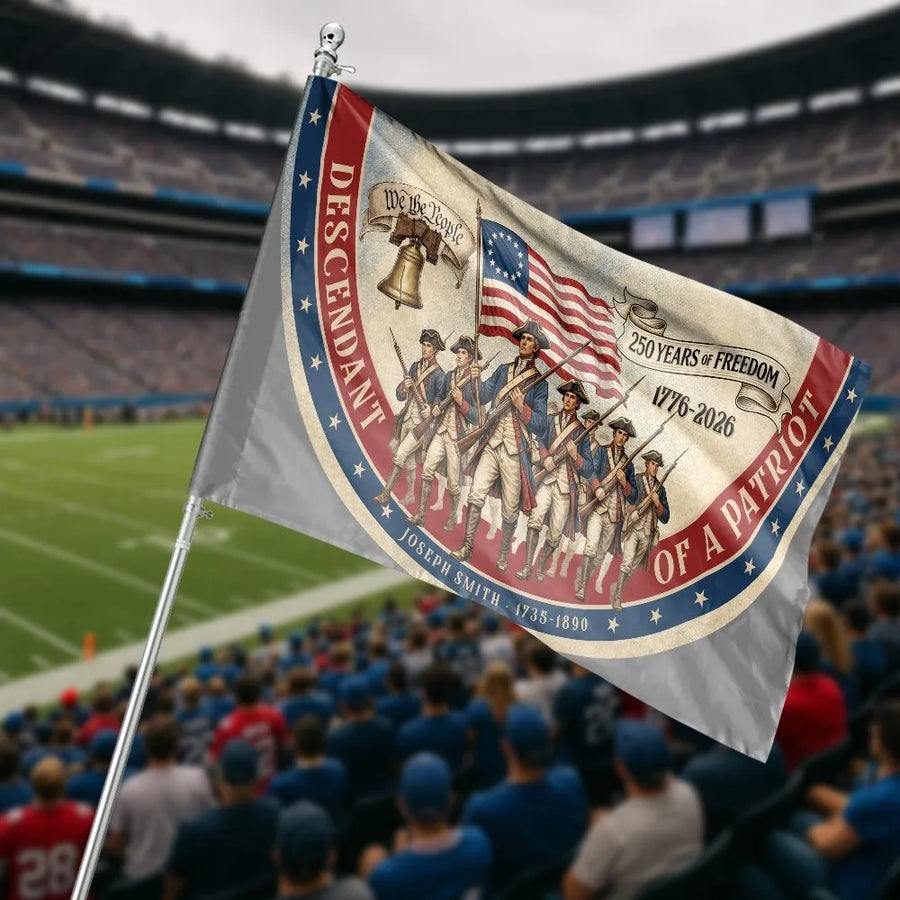 Descendant of a Patriot Flag | 1776-2026 Anniversary Design with Revolutionary Soldiers | Double Sided Polyester | Patriotic Porch Decor and Yard Gift