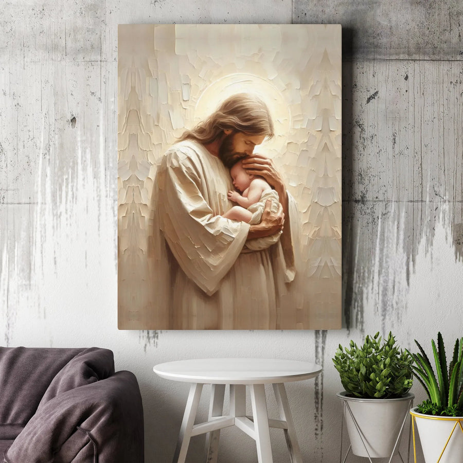 Jesus Holding Baby Canvas Art | Religious Impasto Style Wall Decor | Premium Fade-Resistant Print | Spiritual Gift for Nursery or Home