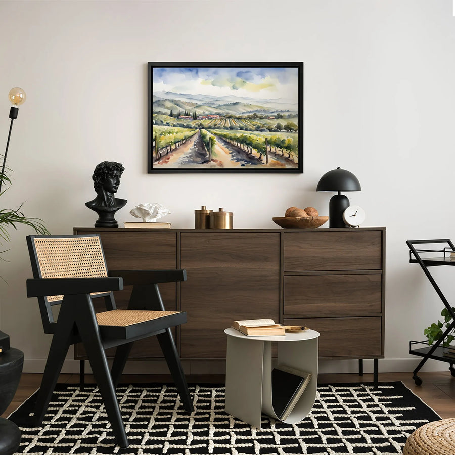 Tuscan Vineyard Canvas Art | Watercolor Rolling Hills Landscape | Premium Fade-Resistant Print | Italian Countryside Home Decor Gift