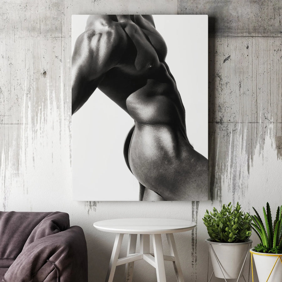 Muscular Male Torso Canvas Print | Black and White Fitness Bodybuilding Photography | Premium 1.25 Inch Gallery Wrap | Modern Home Gym Decor