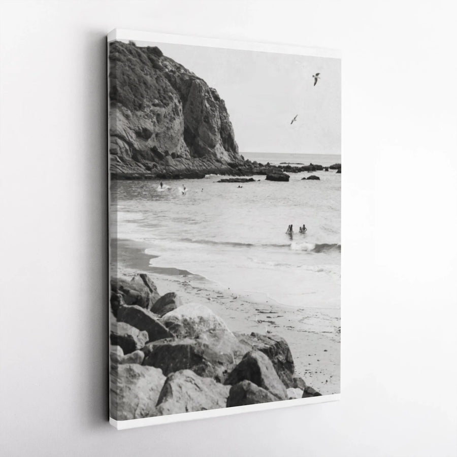 Monochrome Beach Scene Vertical Canvas | Black and White Ocean Photography | Premium Gallery Wrapped Canvas | Coastal Home Decor Gift for Beach Lovers