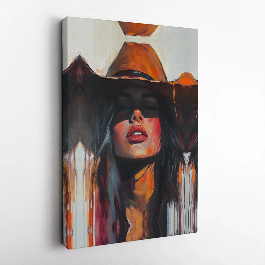 Cowgirl Portrait Canvas Wall Art | Abstract Western Woman Decor | Gallery-Wrapped Premium Print | Modern Farmhouse Living Room Gift