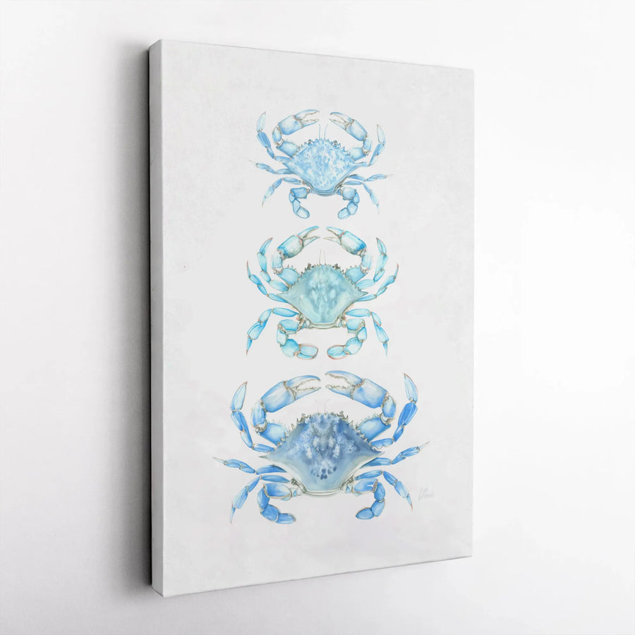 Blue Crab Wall Art | Triple Stacked Coastal Watercolor Print | Gallery Quality 1.25" Stretched Canvas | Beach House Decor Gift for Ocean Lovers